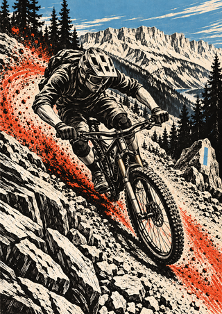 Helmeted mountain biker descending a rocky alpine trail as red-orange dust sprays behind, with pines and a blue trail marker.