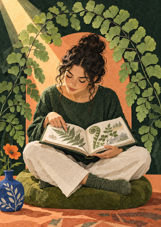 Seated woman studying a fern illustration in an open journal, framed by fern fronds beside a blue vase and orange flower.