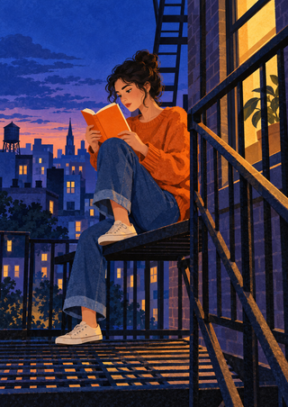 An adult woman in an orange sweater and blue jeans reading an orange paperback on a dark metal fire escape at twilight.