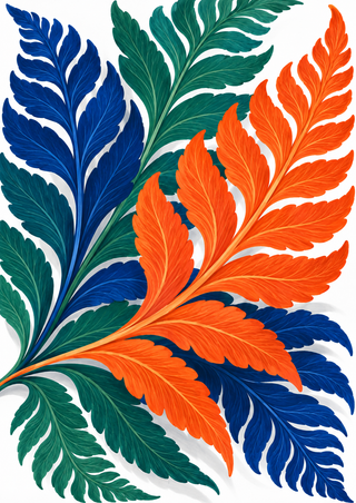 Layered orange, blue, and jade stylized fern fronds fan across a white background with fine vein marks and soft shadows.
