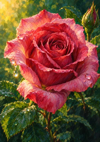 Large pink-red rose with water beads on layered petals, surrounded by glossy leaves and a tall unopened bud.