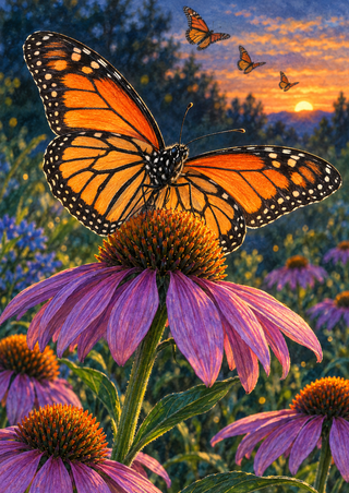 Orange-and-black monarch butterfly perched on a purple coneflower, with three smaller butterflies crossing a sunset sky.