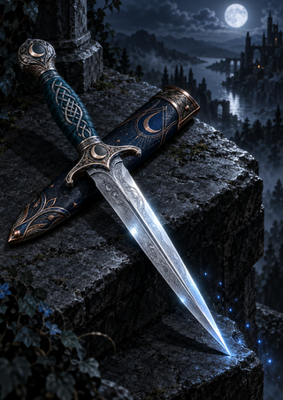 Ornate silver dagger crossing a separate midnight-blue scabbard on a stone ledge beneath a moon, with a lake and distant castle-like structures.