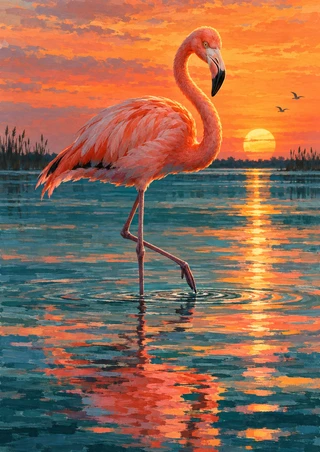 Coral-pink flamingo wading in teal shallows at sunset, with reeds, distant birds, and water ripples.