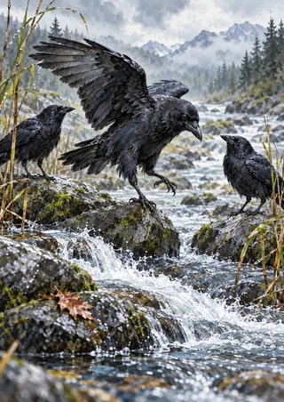 Three dark crows among wet rocks beside a rushing mountain stream, with reeds, trees, and distant mountain ridges.