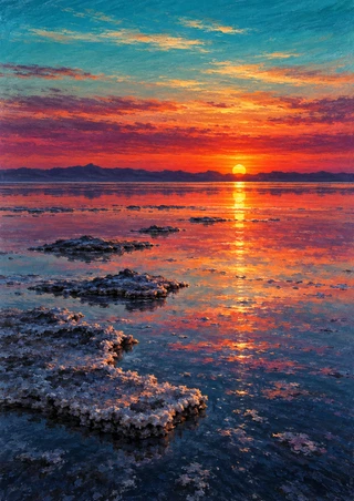 A bright setting sun and vertical reflection over shallow water, with dark foreground patches beneath a turquoise, orange, and plum sky.