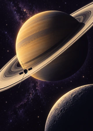 Large amber-lit Saturn with diagonal pale rings, a small spacecraft silhouette near the lower-left rings, stars, and a cratered moon at lower right.