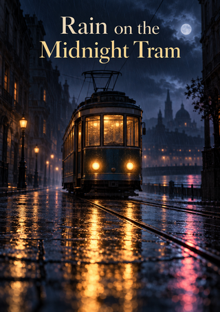 Vintage-style tram approaching on wet tracks at night, with glowing amber headlights, reflected lights, a pale moon and city buildings.