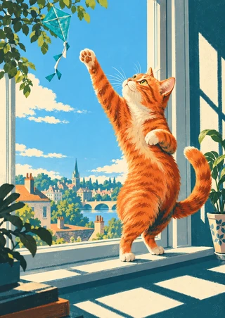 Ginger cat balancing upright on a windowsill and reaching toward a turquoise kite, with leafy branches, rooftops and a bridge beyond the window.