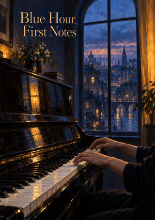 Polished upright piano and pianist’s hands beside an arched rain-lit city window at dusk, with title lettering at upper left.