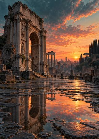 Ancient Roman-style arch and ruins reflected across wet paving at sunset, with cypress trees and tiny distant figures.