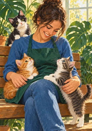 Adult woman seated on a wooden bench with three kittens in a leafy greenhouse, one perched on her shoulder.