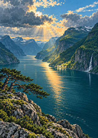 Golden sunlight reflects across a fjord toward distant white shore buildings, with green slopes, a right-side waterfall and rocky pine foreground.