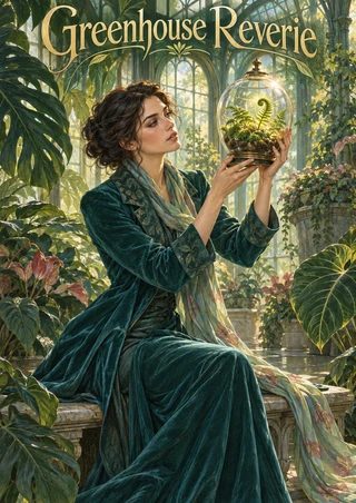 A seated woman in a teal-green coat examines a glass terrarium with a small fern, surrounded by lush leaves and arched greenhouse glazing.