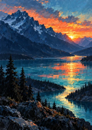 Dark mountain ridge above a coral-orange sunset reflected in a turquoise lake, with pines and rocks along the foreground shores.