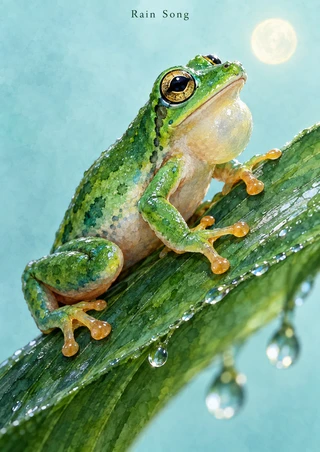 Green frog with an inflated-looking pale throat gripping a glossy diagonal leaf dotted with rain, beneath the words “Rain Song.”
