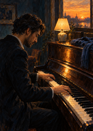 Adult man playing piano at dusk, with a lit lamp and blue scarf on the instrument and warm sunset light entering through a window.