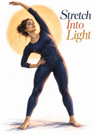 Adult dancer in dark-blue practice clothes holding a standing side stretch beneath the title Stretch Into Light, with an ochre circle behind her.