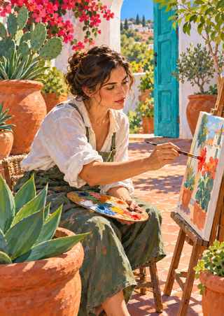 Adult woman artist painting a red-orange stroke on a canvas while holding a palette in a plant-filled courtyard with a turquoise doorway.