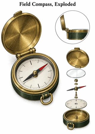 Open brass-and-dark-green field compass beside a vertical exploded-component diagram and circular hinge inset, with a title at the top.