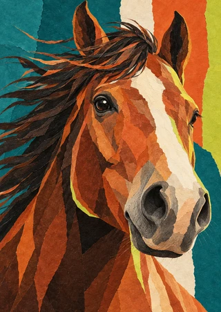 Close-up horse portrait with upright ears, a sweeping dark mane, ivory blaze, and prominent muzzle against colorful vertical panels.