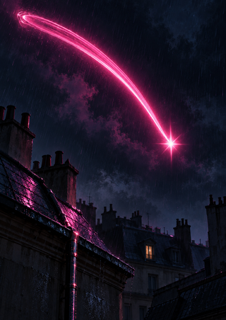 Bright magenta arc with a starburst above rainy rooftops, chimneys, a warm-lit window and reflective roof tiles.