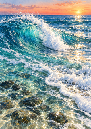 Large turquoise breaker with white foam rolling over clear shallows and dark rounded stones beneath a warm low sun.
