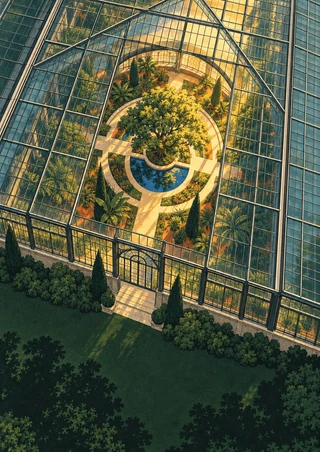 Overhead view of a glass greenhouse surrounding a circular courtyard with a central tree, blue pool and pale paths in golden light.