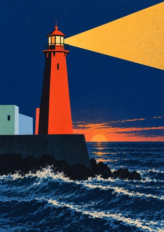 Vermilion lighthouse on a dark breakwater casting a broad amber beam across a deep blue dusk sky above rough water.