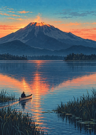 A glowing dawn summit above a lake, with a lone figure canoeing near shoreline reeds and coral-orange reflections on rippled water.