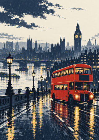 A red double-decker bus crosses a wet bridge beneath a clock tower, with golden reflections on the rainy road.