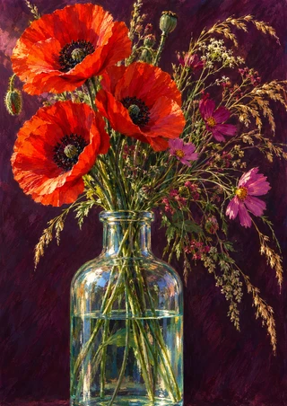 Scarlet poppies, magenta cosmos, and meadow grasses arranged in a clear glass bottle against a deep plum background.