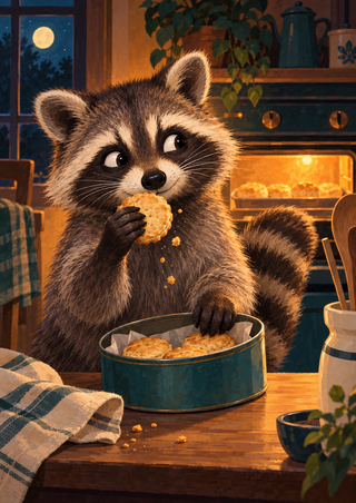 A raccoon holds a round biscuit beside an open tin at a kitchen counter, with a glowing oven and moonlit window behind it.