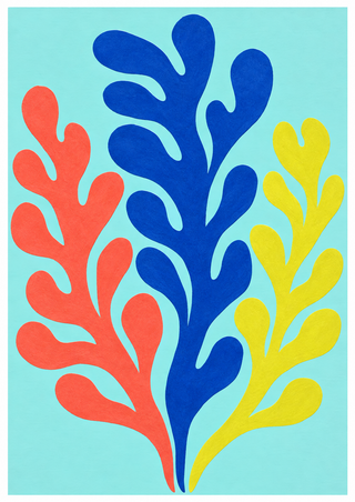 Three branching cobalt, coral, and yellow fronds rising from the bottom of a pale aqua field with a narrow white margin.