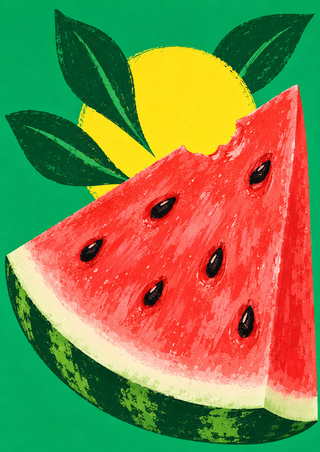 Large red watermelon wedge with black seeds and pale rind before a yellow sun and three green leaves on a dark green background.