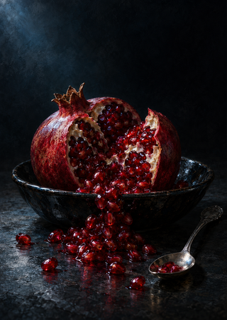 Split pomegranate and glossy red seeds in a dark dish beside a silver spoon against a charcoal-blue background.