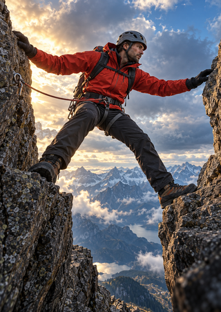 Helmeted climber in a red-orange jacket spanning a gap between rocky ledges, with a rope, harness, clouded sky, and distant snowy peaks.