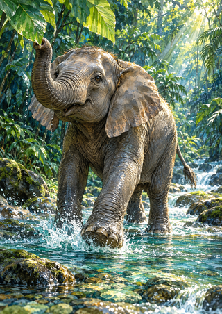 Elephant wading through a turquoise stream in tropical greenery, trunk raised toward a hanging leaf and water splashing around a lifted forefoot.
