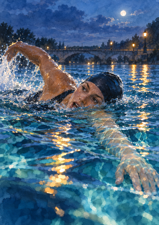 Capped swimmer turning to breathe during freestyle, with one arm underwater, the other raised with droplets, and warm lamp reflections on blue water.