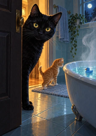 Black cat peering around a bathroom door while a ginger kitten stands beside a steaming tub and blue rubber duck.