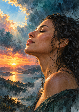 Close profile portrait of a woman with closed eyes lifting her face toward a golden sunset over water, with wet curls and a droplet beneath her chin.