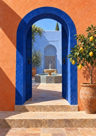Open cobalt-blue arched doors in a terracotta wall reveal a tiled fountain and potted lemon tree in a sunlit courtyard.