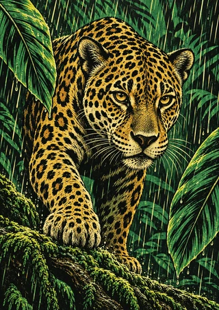 A front-facing jaguar with golden eyes and a rosetted coat steps through tropical rain and foliage, one forepaw on a mossy root.