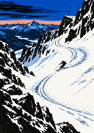 A small skier descends a snowy alpine bowl between dark rocky ridges, leaving sweeping tracks beneath a narrow orange horizon.