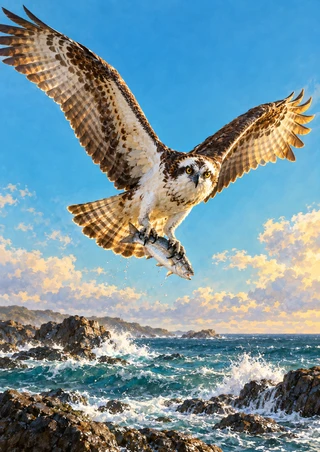 An osprey flies above rocky surf with a silver fish held in its talons; its left wing reaches the image edge.