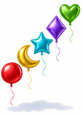 Five red, gold, turquoise, violet, and green foil balloons shaped as a circle, crescent, star, diamond, and heart, arranged diagonally on white.