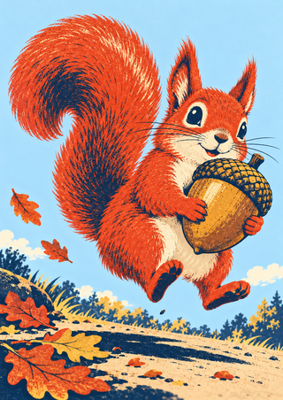 Red-orange squirrel airborne with an oversized acorn and high curled tail above scattered oak leaves.