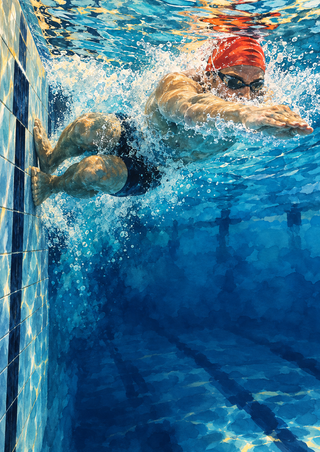 Red-capped swimmer in goggles pushing away from a tiled pool wall underwater amid bubbles and spray.
