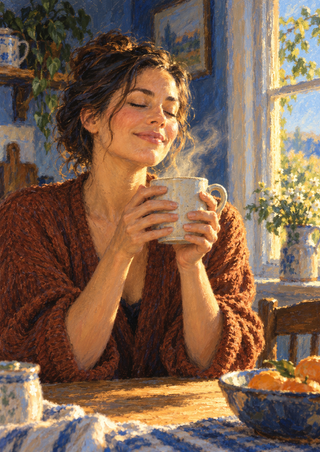 Adult woman smiling softly with eyes closed as she holds a pale mug at a sunlit kitchen table.