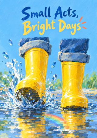 Two yellow rain boots splash in a puddle beneath the hand-lettered title Small Acts, Bright Days, with blue droplets and a rainbow reflection.